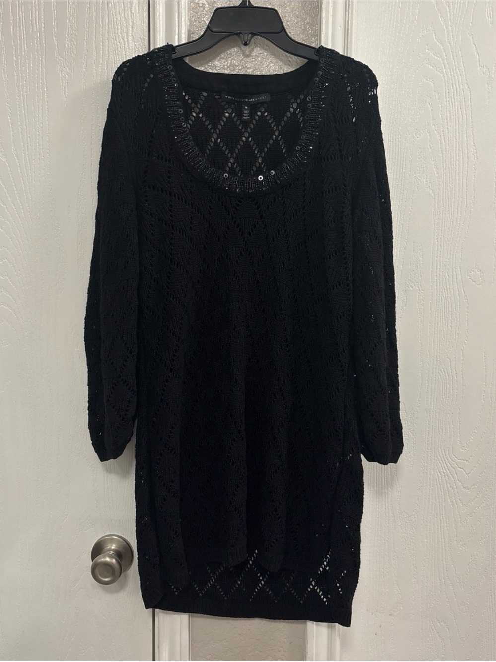 White House Black Market Black Open-Knit Scoop-Neck Sweater with Sequin Trim